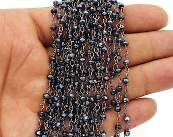 Black Tourmaline Coated Hydro Rosary Chain, 4mm Rondelle, Black Plated Wire Wrapped, Bulk Roll