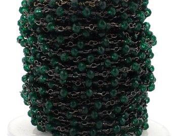 Rosary Beaded Chain, Emerald Green Hydro Rondelle Faceted, 3mm, Black Plated Wire Wrapped Chain, Bulk Roll, Hand Making Chain, Finding