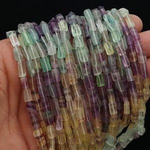 Peut inclure: Un brin de perles de fluorite multicolores. Les perles sont facettées et ont un aspect translucide et vitreux. Les couleurs vont du vert clair au violet.