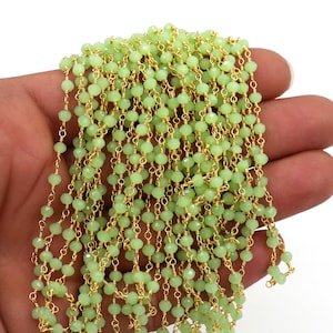 Green Prehnite Hydro Beaded Rosary Chain: Gold Plated Wire Wrap, Faceted Rondelle, 3mm, For Craft