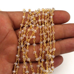 Crystal Hydro Rondelle, Rosary Beaded Chain, 3mm, Gold Plated Wire Wrapped Chain, Handmade Rosary Chain,  Rondelle Chain, Craft Making Chain