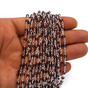 Amethyst Hydro Beads Faceted Chain, Beaded Rosary Chain, Rondelle Beads Chain, Silver Plated Wire Chain, Finding, 3-3.5mm, Craft Chains