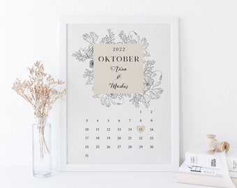 Personalisiertes Poster zum Hochzeitstag mit Kalender, Hochzeitsgeschenk für Paare, Geschenk zum Jahrestag für ihn oder für sie