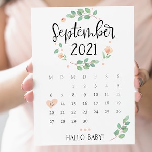 Hello Baby - Pregnancy Announcement - Baby Announcement Card with Monthly Calendar. Print eucalyptus.