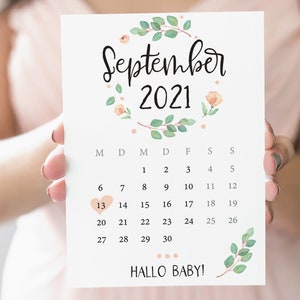 Hallo Baby - Zwangerschapsaankondiging - Babyaankondigingskaart met maandelijkse kalender. Eucalyptus afdrukken.
