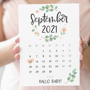 Hello Baby - Pregnancy Announcement - Baby Announcement Card with Monthly Calendar. Print eucalyptus.