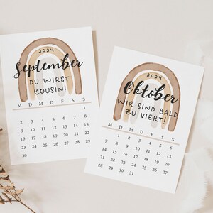 May include: Two watercolor-style announcement cards with calendars for September and October 2024. Each card features a rainbow design and text in a script font. The September card reads "DU WIRST COUSIN!" and the October card reads "WIR SIND BALD ZU VIERT!"