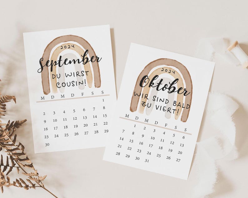 May include: Two watercolor-style announcement cards with calendars for September and October 2024. Each card features a rainbow design and text in a script font. The September card reads "DU WIRST COUSIN!" and the October card reads "WIR SIND BALD ZU VIERT!"