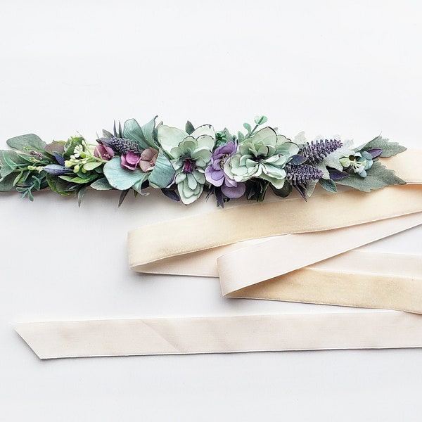 Flower belt Bridal flower belt Floral belt Velvet belt Maternity flower belt Sage green belt Greenery belt Bridesmaid belt Sash for dress