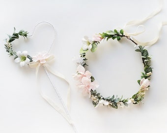 Blush floral crown Blush flower girl headband Blush flower wand Blush hair wreath Blush flower crown Blush bridesmaid crown Blush flower bow