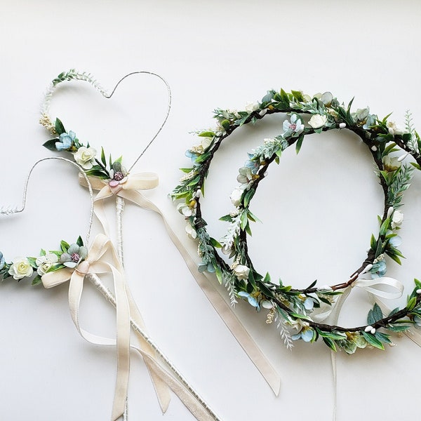 Wedding floral wand Bridal floral wand Flower girl wand Sage green floral wand Rustic floral crown Sage green crown Flower girl crown