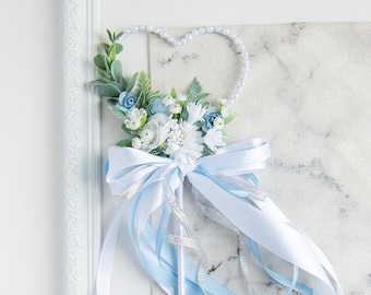 Blue Flower Girl Wand: Rustic Heart Bouquet with Ribbons