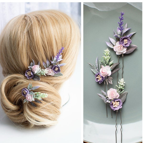 Set of 3 Lavender hair pins Purple Hair pins Purple hairpiece Lavender hairpiece Lavender hair comb Purple hair comb Bridal flower hairpiece