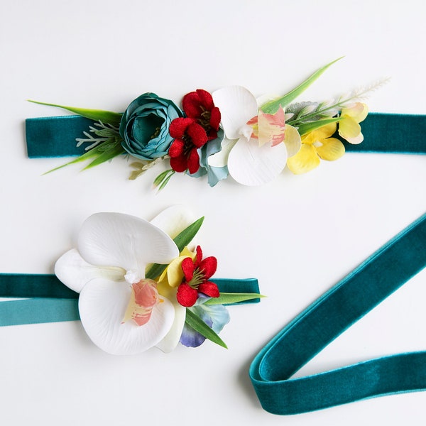 Ceinture de mariage de plage Ceinture de fleurs tropicale Ceinture de mariée de plage Ceinture tropicale Ceinture de fleurs d’été Ceinture de fleurs de maternité Ceinture de fleurs d’orchidée Sarcelle