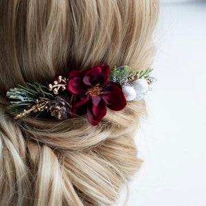 Burgundy Floral Hair Comb: Winter Wedding Hairpiece