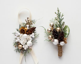 Winter greenery wrist corsage Cone wrist corsage Green  wrist corsage Woodland wrist corsage Forest wrist corsage Rustic wrist  corsage