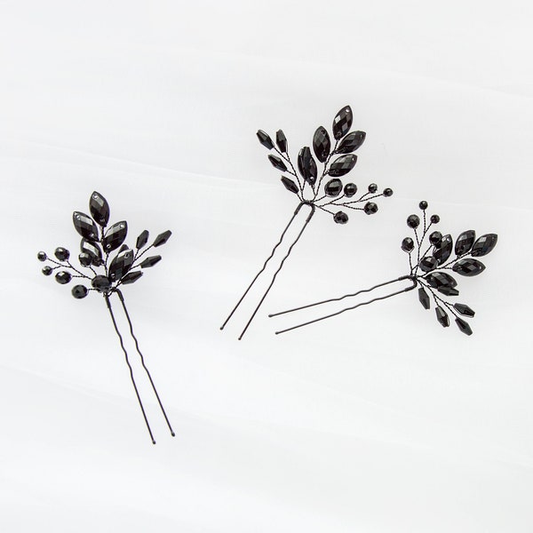 Set of three Crystal Hair pin Black crystal hair pin Wedding hair pin Crystal  hairpin Branch pins Wedding hair pins Black hairpin