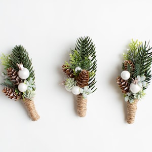 Winter Wedding Boutonniere: Greenery, Succulent, Pine Cone