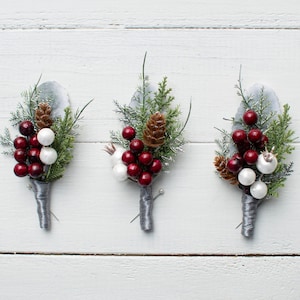 Greenery Boutonniere: Winter Wedding, Berries & Pine Cone