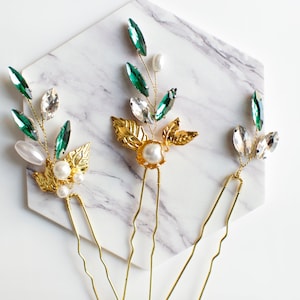 Emerald Rhinestone Hairpins - Gold Leaf & Pearl Hair Piece (Set of 3)