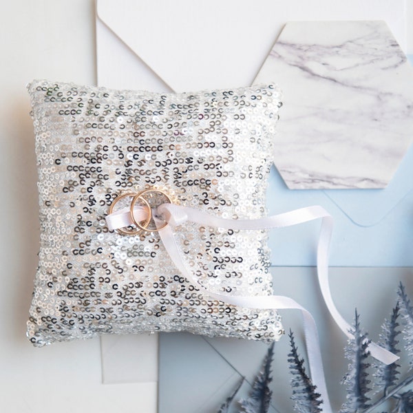 Ring pillow Wedding ring pillow Silver ring pillow Sequin ring pillow Bridal ring pillow Ring Bearer Pillow Silver Ring Bearer Pillow