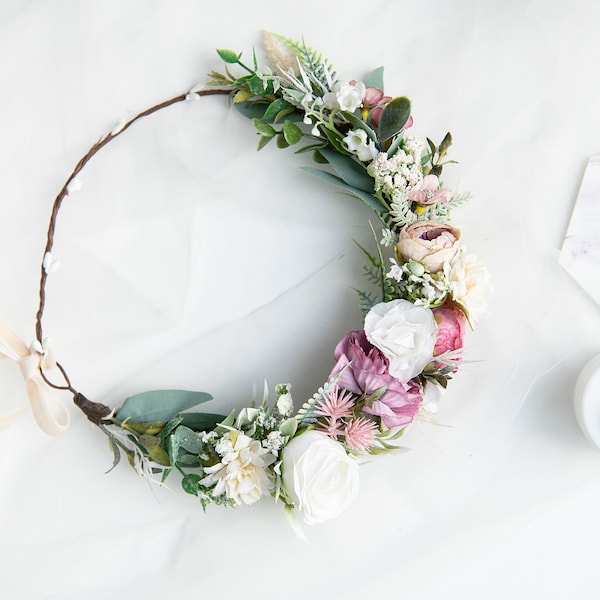 Mauve hair cown Pale flower hairpiece Bridesmaid flower crown Bridal greenery crown Lily of the valley crown Boho flower crown Boho hair