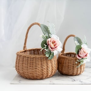 Handmade Rustic Wicker Flower Girl Basket with Floral Decor