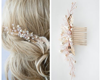 Swarowski Rose Gold Bridal Hair Comb Rose Gold Crystals Bridal Wedding Headband Rose Gold  Pearl Headpiece Rose Gold Hair Vine