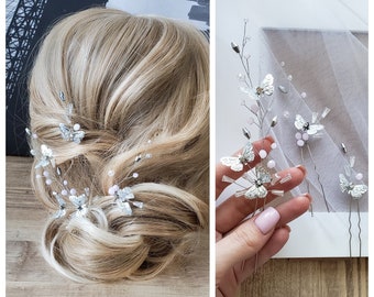 Set di 3 forcine per capelli da sposa Forcine per capelli da sposa Fermaglio per capelli da sposa Parrucchino rosa pallido Parrucchino a farfalla Parrucchino in cristallo Forcine a farfalla