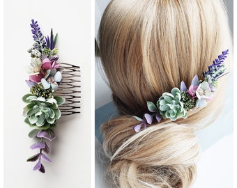 Greenery lavender hair comb Lavender hair clip Lavender bridesmaid hair comb Lavender hairpiece Rustic hairpiece Succulent hair comb