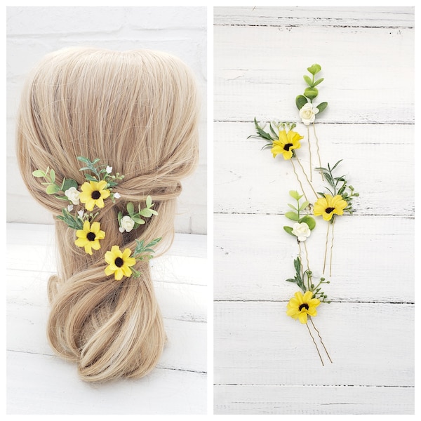 Floral hairpins  Sunflowers hairpiece Rustic hairpins  Rustic hair comb Yellow flowers hair pins Floral set of hairpins