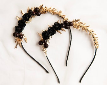 Black Rose Headband: Gothic Party Crown with Gold Leaves