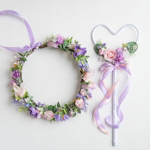 Lavender hair crown Lavender hairpiece Purple Flower wand and crown Lavender headband Flower girl hairpiece Flower girl head crown Purple