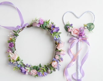 Lavender hair crown Lavender hairpiece Purple Flower wand and crown Lavender headband Flower girl hairpiece Flower girl head crown Purple