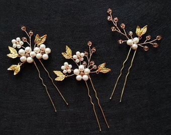 Set of 2 and more Crystal Hair pin Rose gold hair pin Bridal hair pin Crystal pearl hair pin Branch pins Wedding hair pins Bride crystal pin