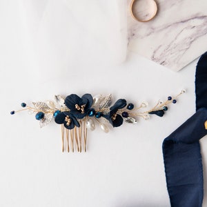 Navy Wedding Hair Comb: Crystal, Pearl, and Polymer Flowers