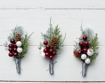 Greenery Boutonniere: Winter Wedding, Berries & Pine Cone