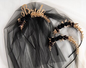 Black Rose Bride Headband: Bridal Shower Headpiece with Veil
