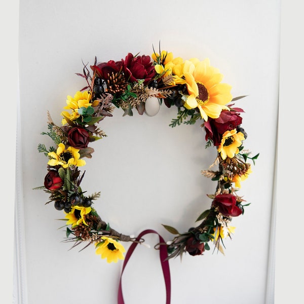 Sunflower crown Bridal rustic crown Sunflower hair wreath Rustic large crown Sunflower hair crown Sunflower bridal crown Rustic hair wreath