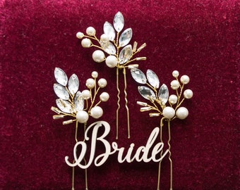 Set of three Crystal Hair pin Pearl hair pin Bridal hair pin Crystal pearl hair pin Branch pins Wedding hair pins Bride crystal hair pin