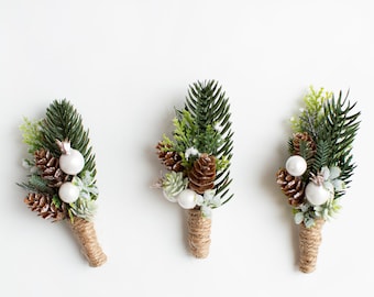 Winter Wedding Boutonniere: Greenery, Succulent, Pine Cone