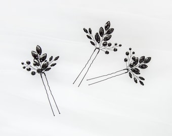 Set of three Crystal Hair pin Black crystal hair pin Wedding hair pin Crystal  hairpin Branch pins Wedding hair pins Black hairpin