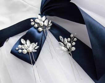 Crystal Pearl Hair Pins - Bridal Branch Hairpiece Set of 3