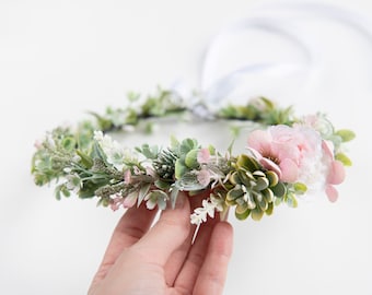 Pale pink hair wreath Greenery hair crown Succulent hair wreath Photo Prop Crown Succulent crown Pink flower crown Pink flower hair wreath