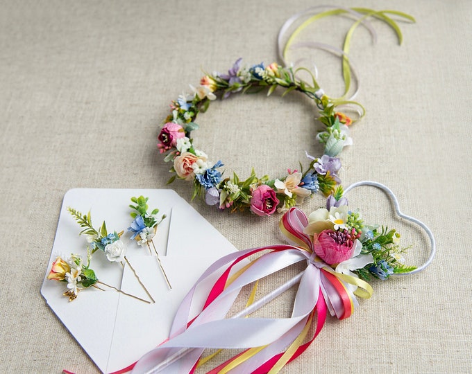 Rustikale Wildblumen Blumenmädchen Krone: Haarkranz & Zauberstab im Set