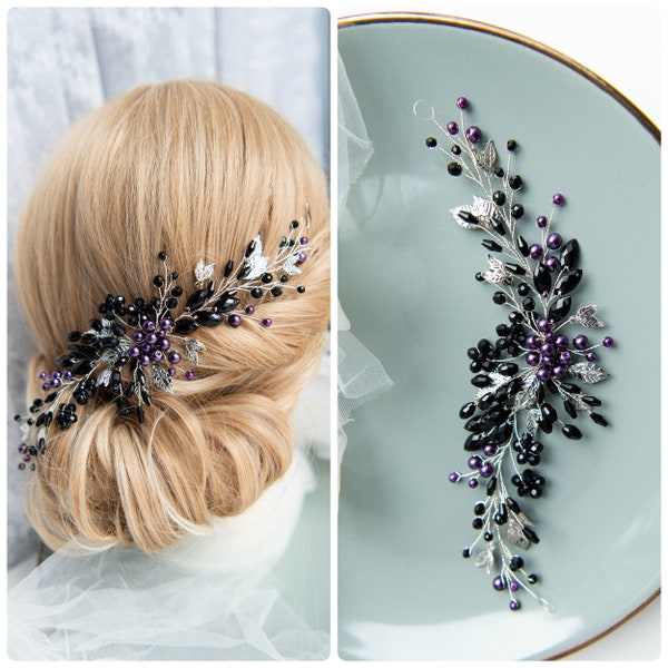 Gothic bridal comb in hair  Gothic hairpiece Gothic hair vine Gothic wedding accessories Gothic hair jewelry Black and purple crystal comb