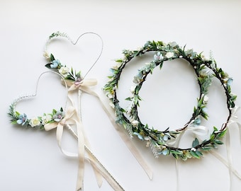 Wedding floral wand Bridal floral wand Flower girl wand Sage green floral wand Rustic floral crown Sage green crown Flower girl crown