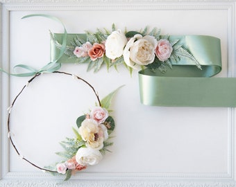 Sage hair crown Sage belt Sage flower crown Sage green hairpiece Sage green floral belt Floral satin belt Sage green hairpiece Sage girl bow