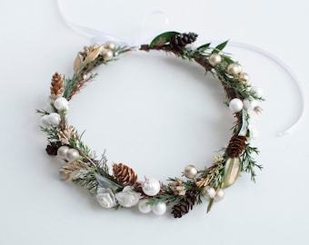 Winter hair crown Winter hair wreath Winter green crown Christmas crown Winter floral crown Winter wedding crown Christmas crown Winter bow