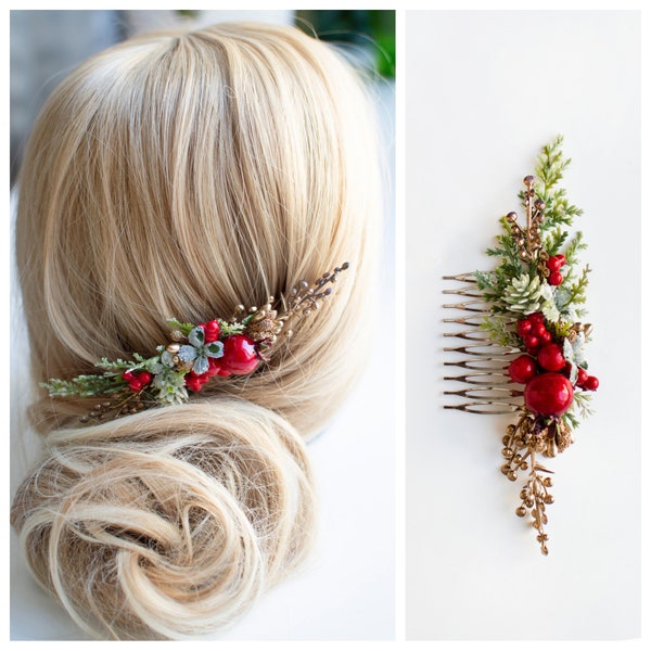 Winter hairpiece Winter hair comb Woodland hair comb Winter Greenery comb Winter Flower Comb Winter Hair Piece Holly bridal hair piece